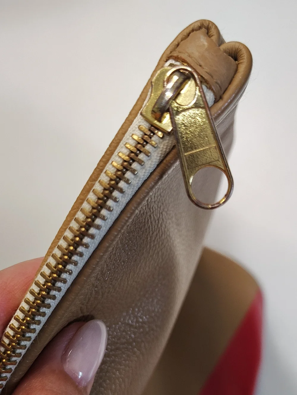 American Apparel Upcycled Tan Leather Clutch/Zip Pouch with Red Stripe
